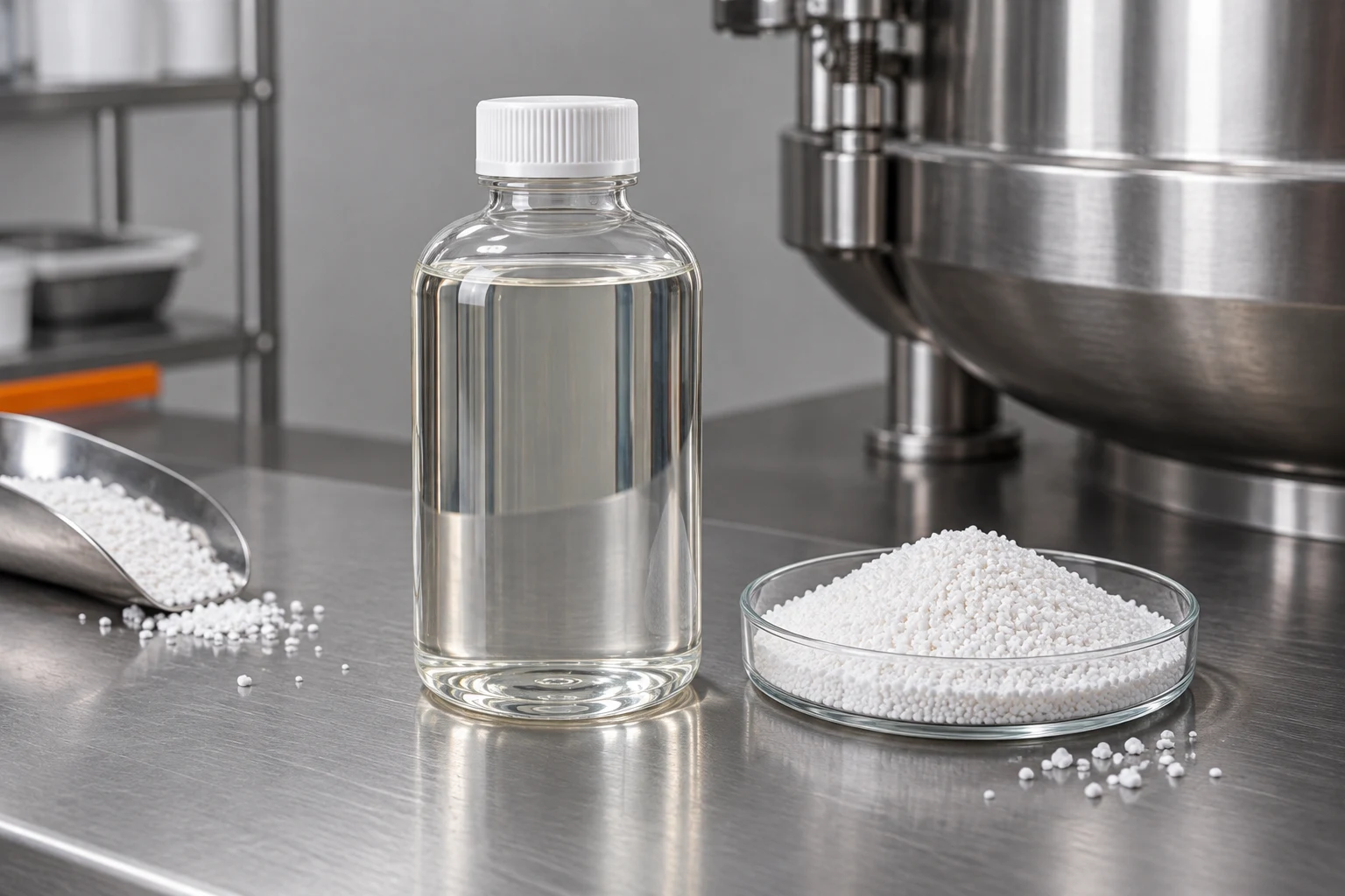 Sealed liquid sample, white formulation granules and a steel vessel