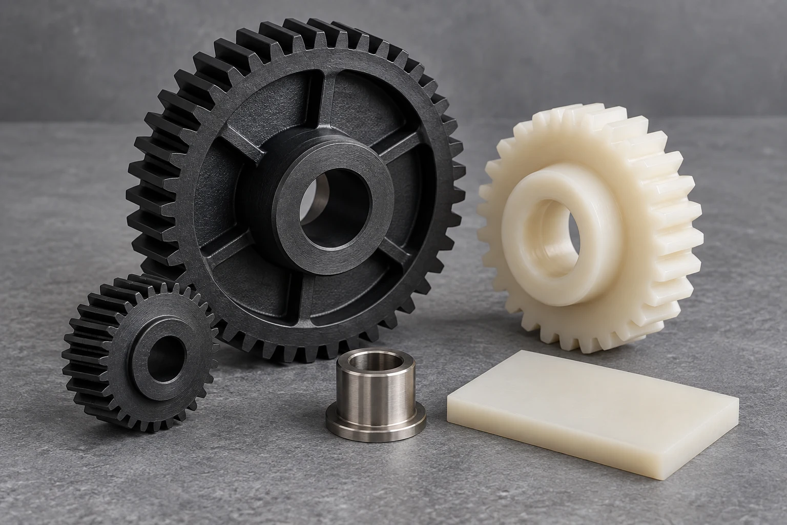 Precision polymer gears, a bushing and material test plaques