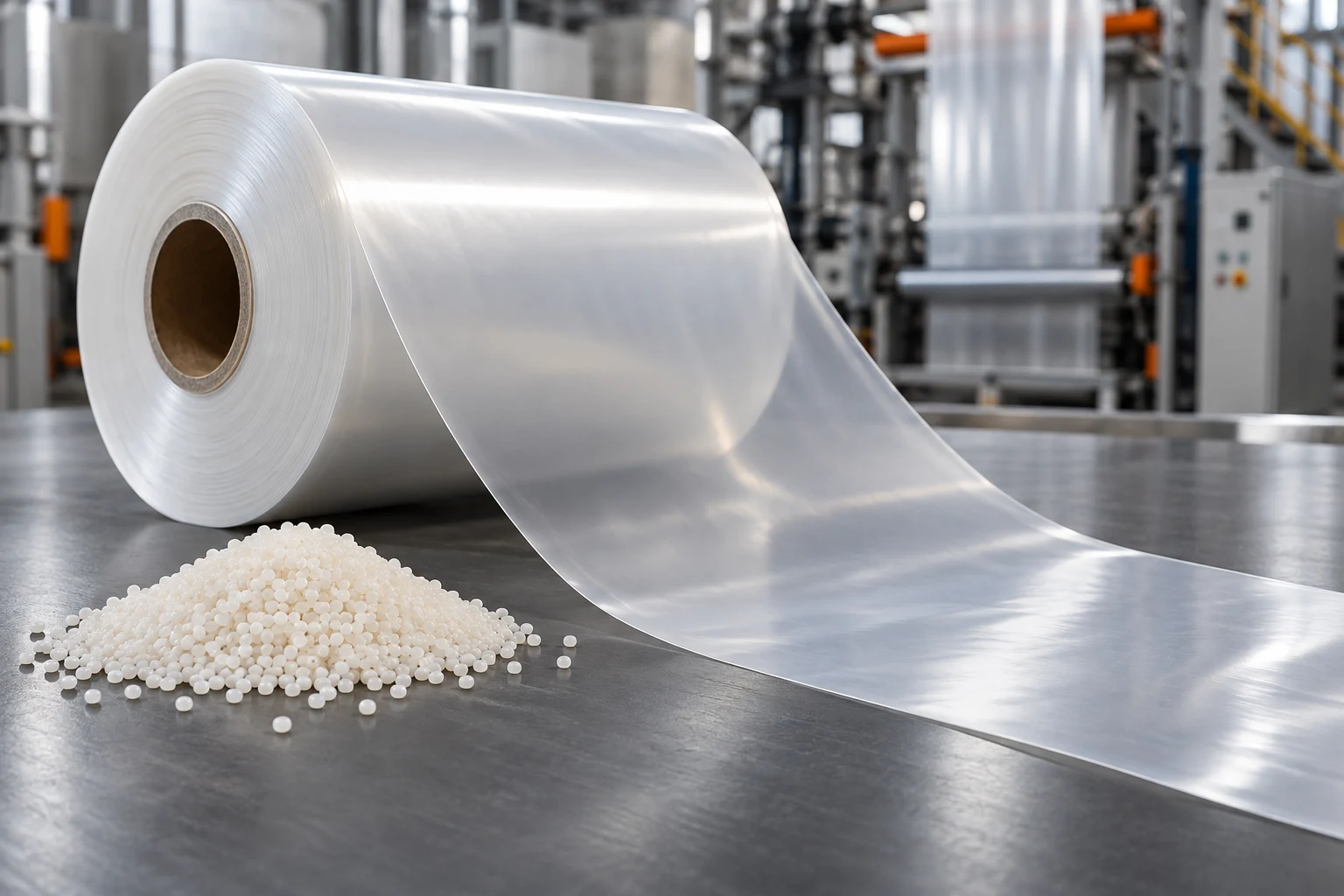 Polyethylene film roll and natural resin pellets on an industrial workbench