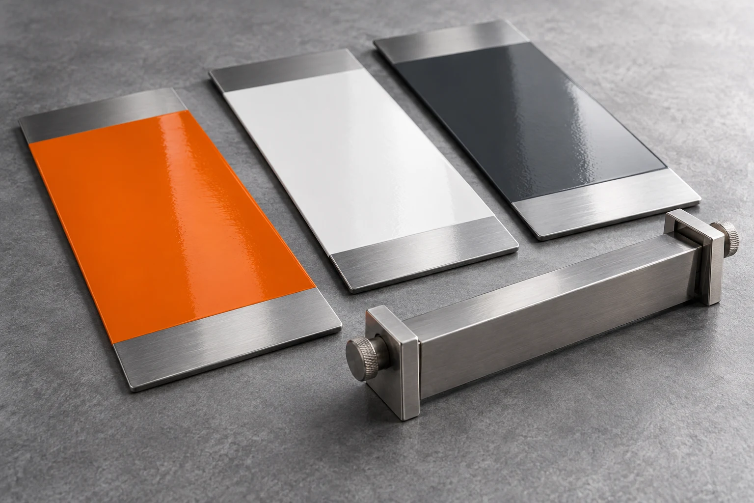 Orange, white and graphite coating test panels with a metal drawdown applicator