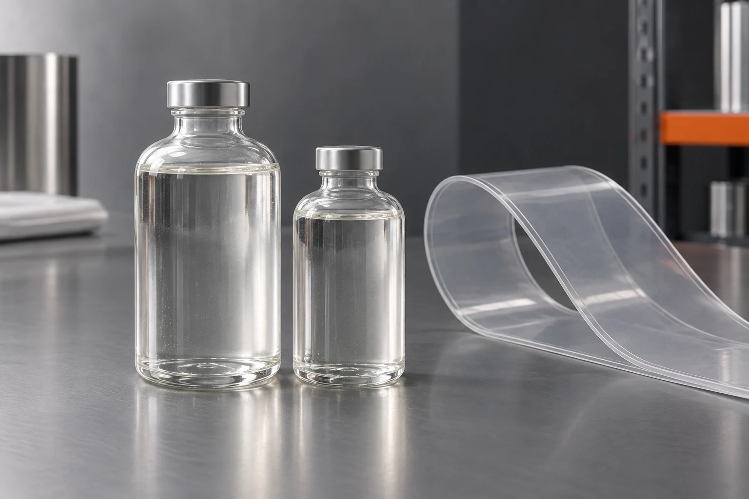 Sealed clear liquid sample bottles beside a flexible transparent polymer strip