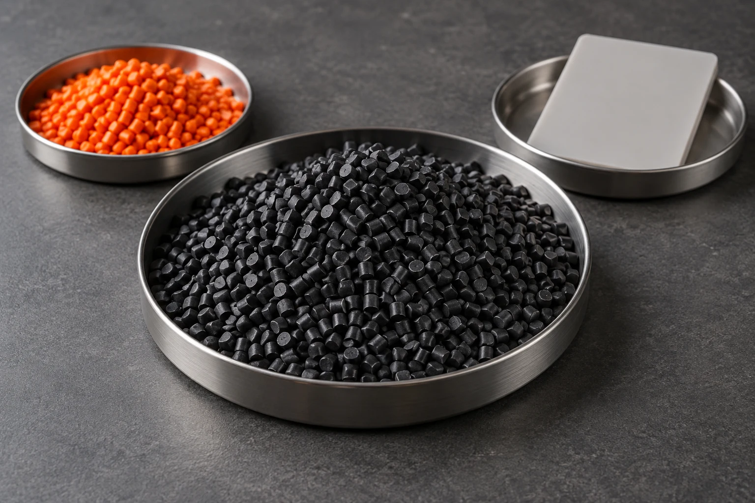 Black and orange masterbatch granules in separate steel sample trays