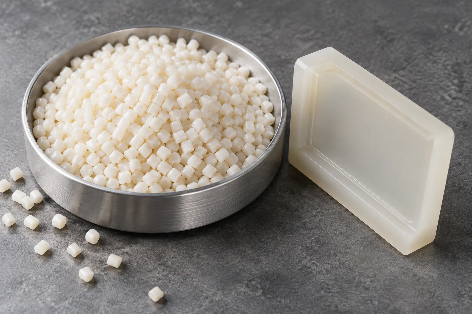 Ivory polymer pellets in a steel tray beside a translucent material plaque