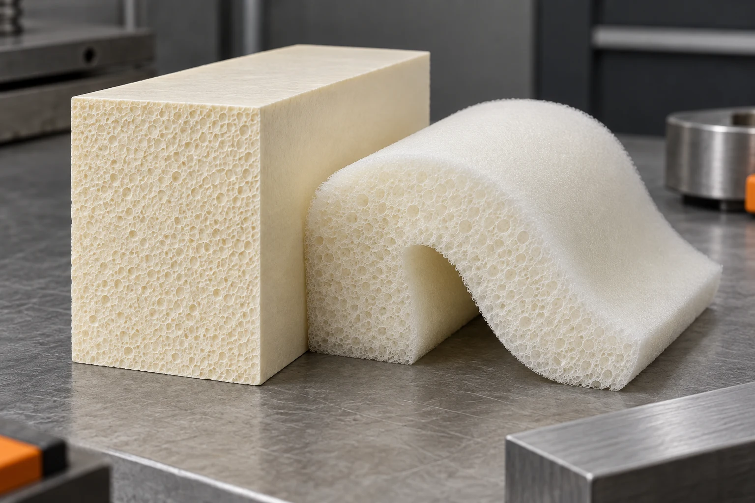 Rigid and flexible polyurethane foam samples with exposed cell structures