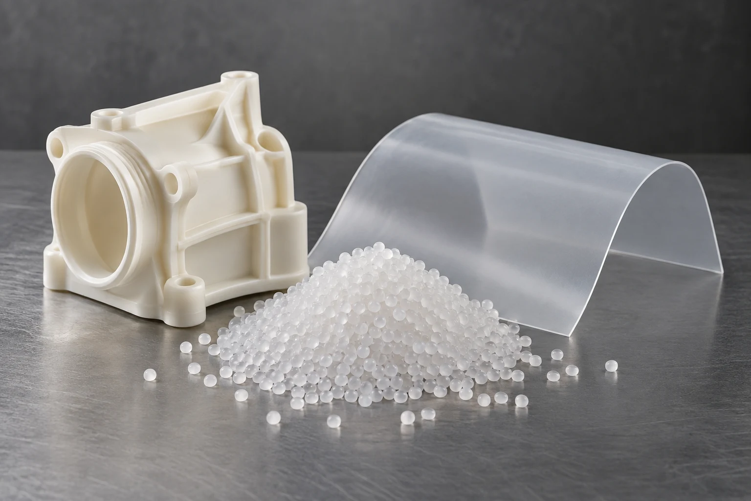 Polypropylene material samples with a molded component, sheet and resin pellets