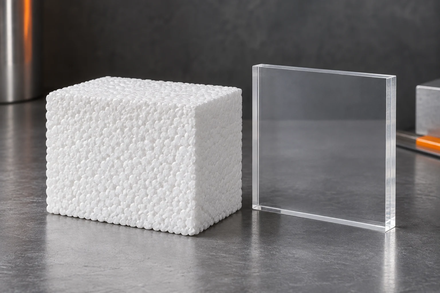 Expanded polystyrene block beside a transparent rigid sample tile