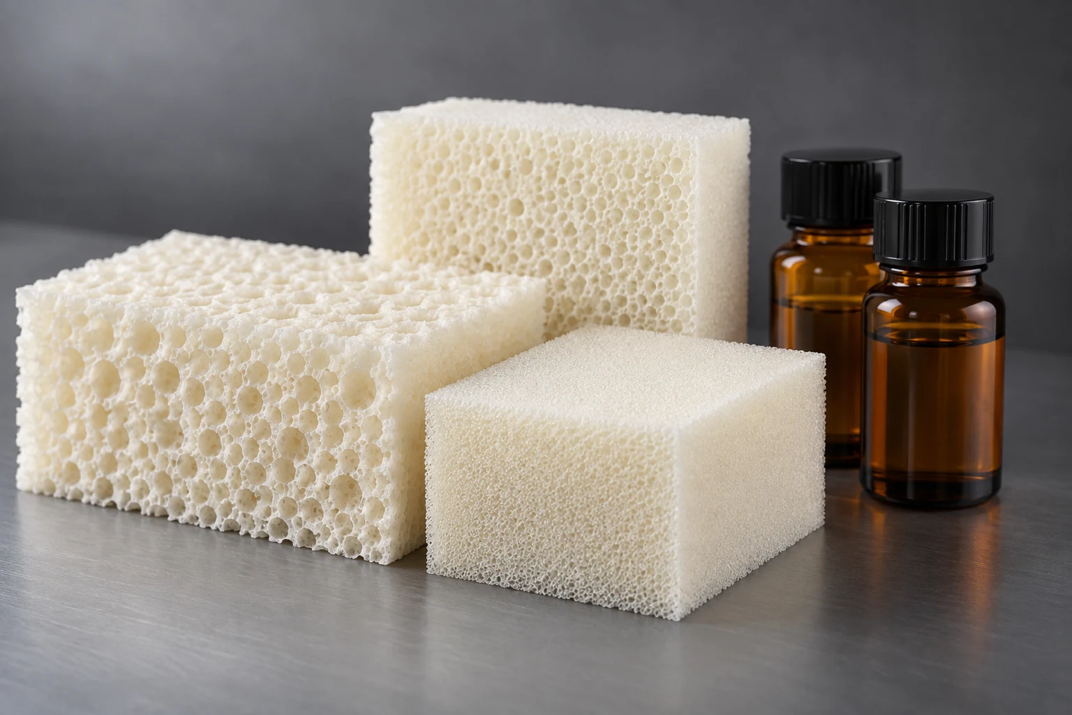 Polyurethane foam samples and closed amber additive sample bottles