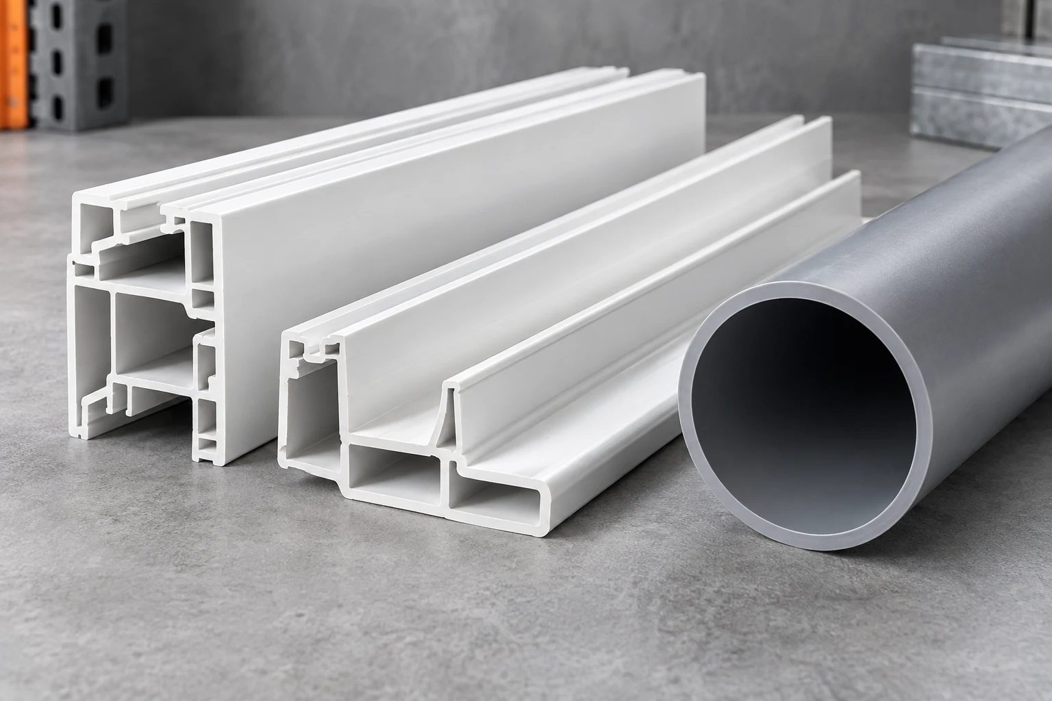 White PVC extrusion profiles and a gray pipe section